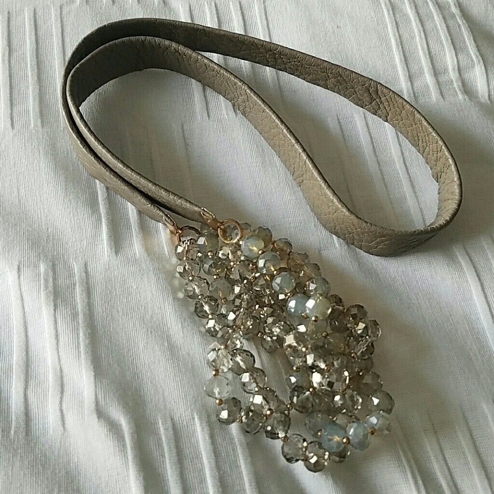 Leather and crystal Long necklace  35" Excellent Condition